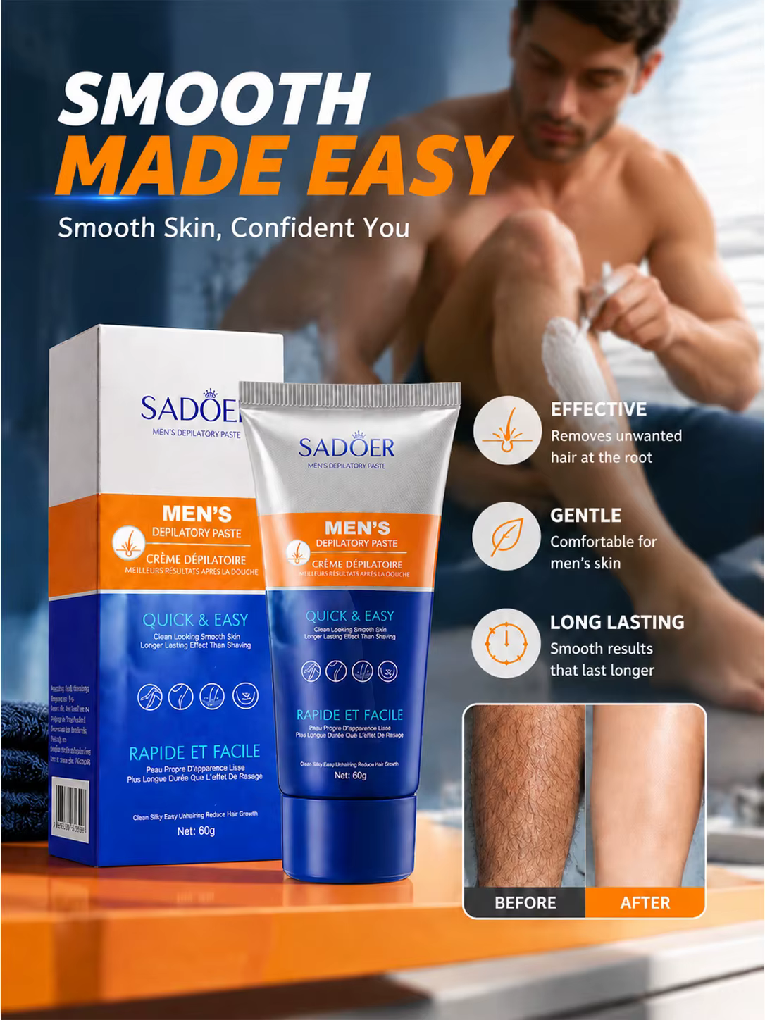 Crème dépilatoire pour hommes, crème épilatoire pour le corps, douce et hydratante, soin de la peau pour une peau lisse, application facile pour les soins quotidiens des hommes.