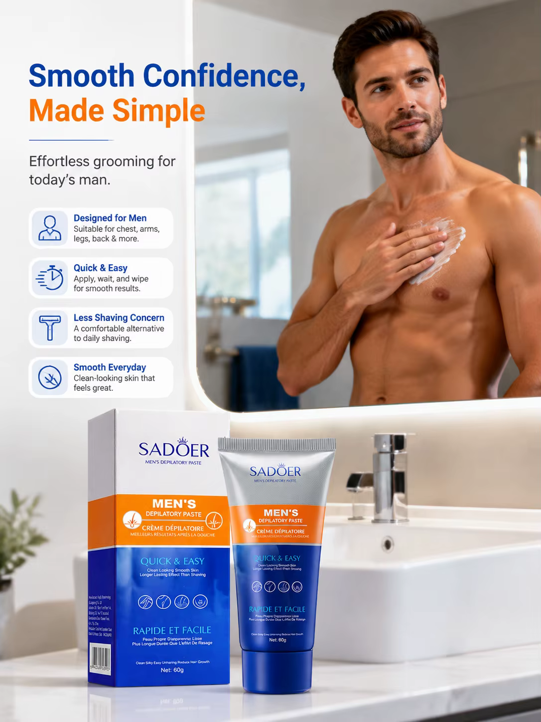 Crème dépilatoire pour hommes, crème épilatoire pour le corps, douce et hydratante, soin de la peau pour une peau lisse, application facile pour les soins quotidiens des hommes.