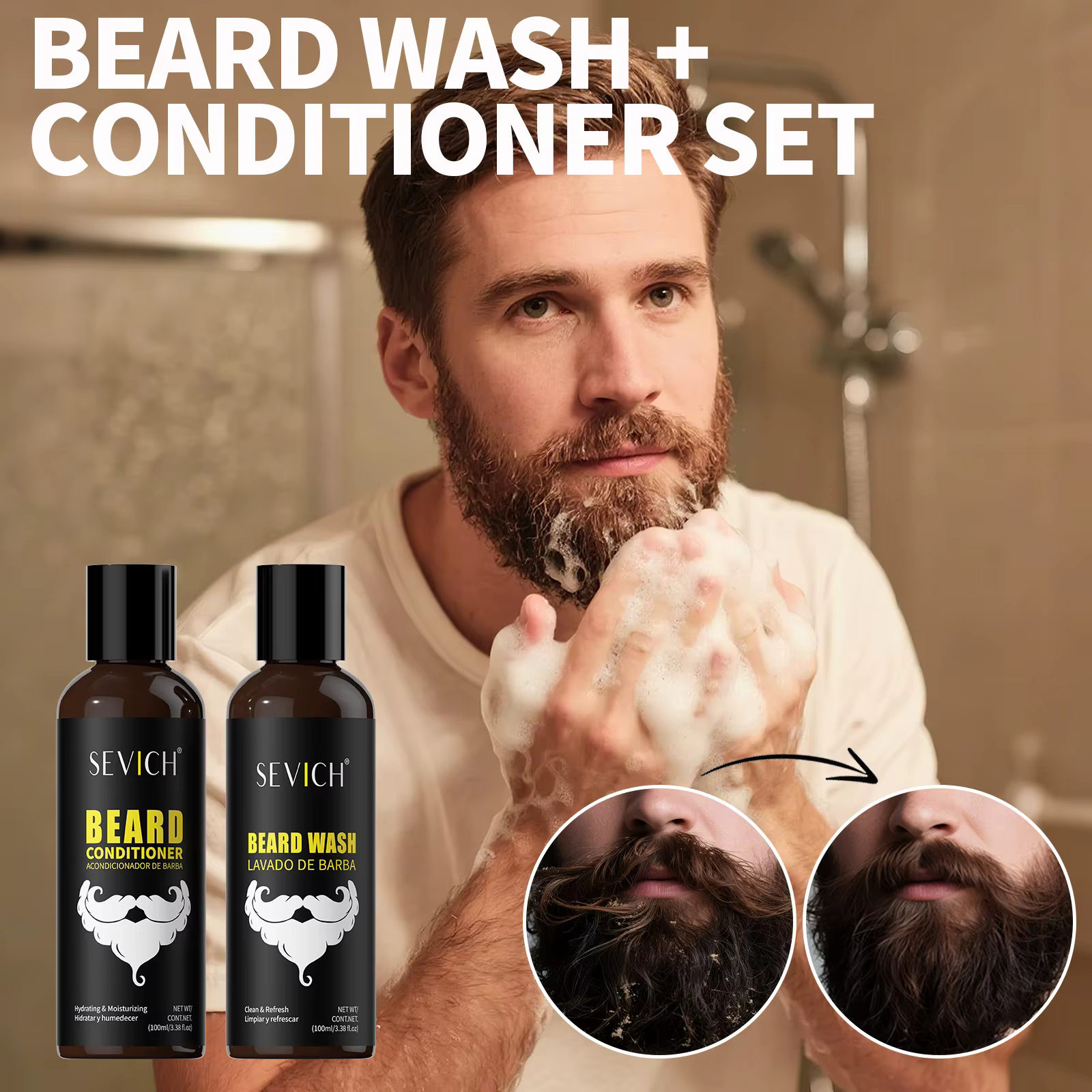Kit de croissance de barbe naturelle pour hommes, huile de soin épaississante, crème hydratante pour barbe, cire, shampoing, après-shampooing, coiffant