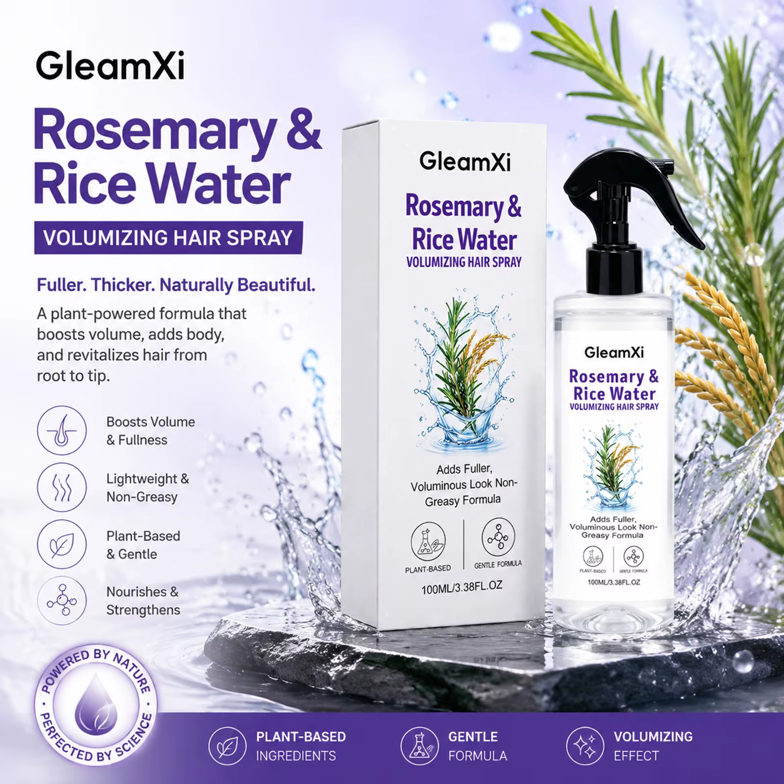 Spray Volumisant pour Cheveux à l'Eau de Riz et Extrait de Romarin – Brume Volumisante à Base de Plantes Non Grasse pour Cheveux Fins et Légers