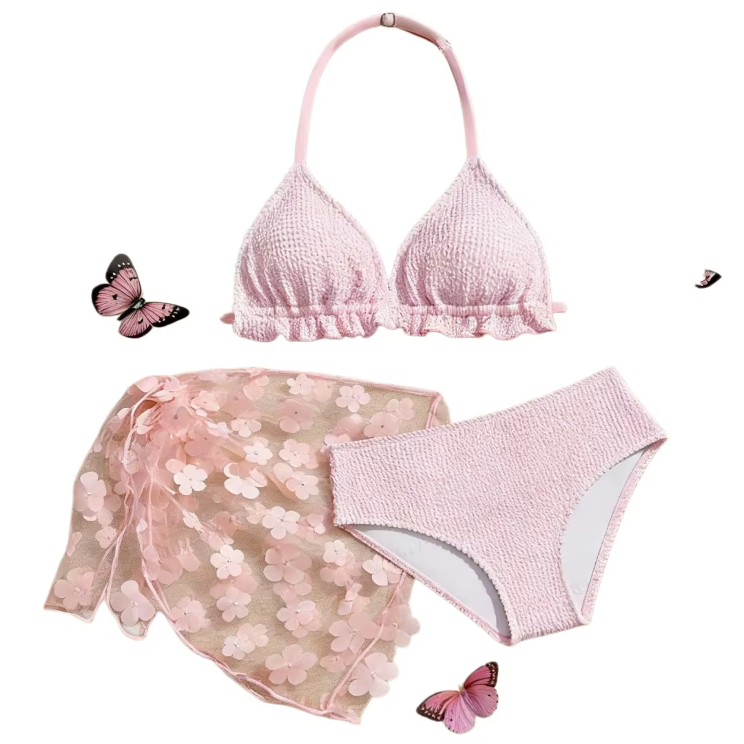 Ensemble de bikinis 3 pièces pour adolescentes et jeunes filles, jupe de plage en maille florale 3D, maillot de bain pour filles de 7 à 16 ans, maillot de bain mignon et décontracté pour grandes fille
