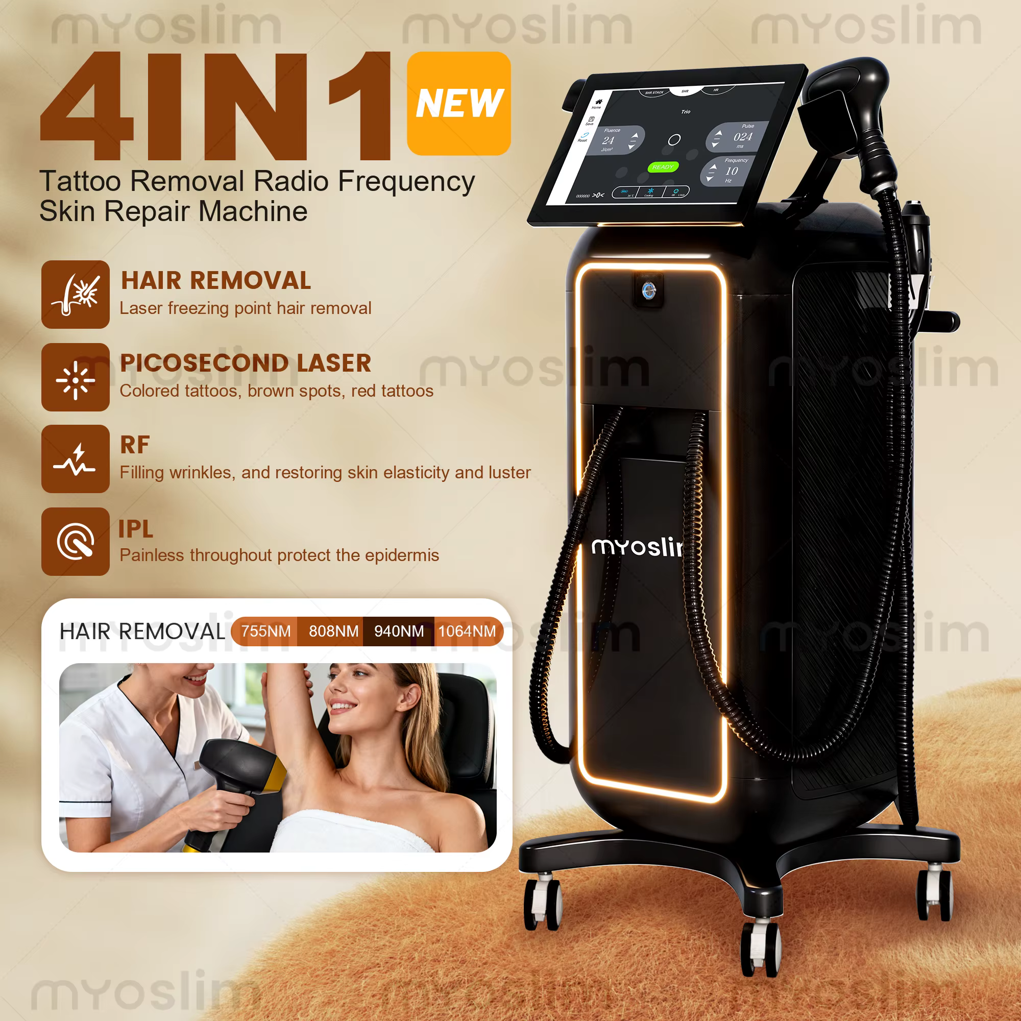 Appareil professionnel 4-en-1 à diode laser 4 longueurs d'onde 5000W 10 barres