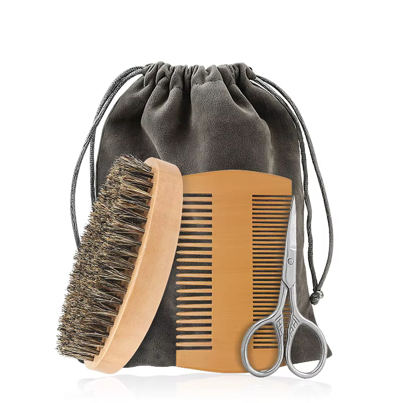 Ensemble professionnel de brosse et peigne à barbe en bois pour hommes, outil de soin de la moustache, poils de sanglier naturels pour peigner les barbes, cadeau