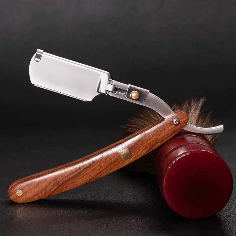 Nouveaux rasoirs droits pour hommes manche en bois naturel adapté aux lames à Double bord rasoir de barbier professionnel et fermé