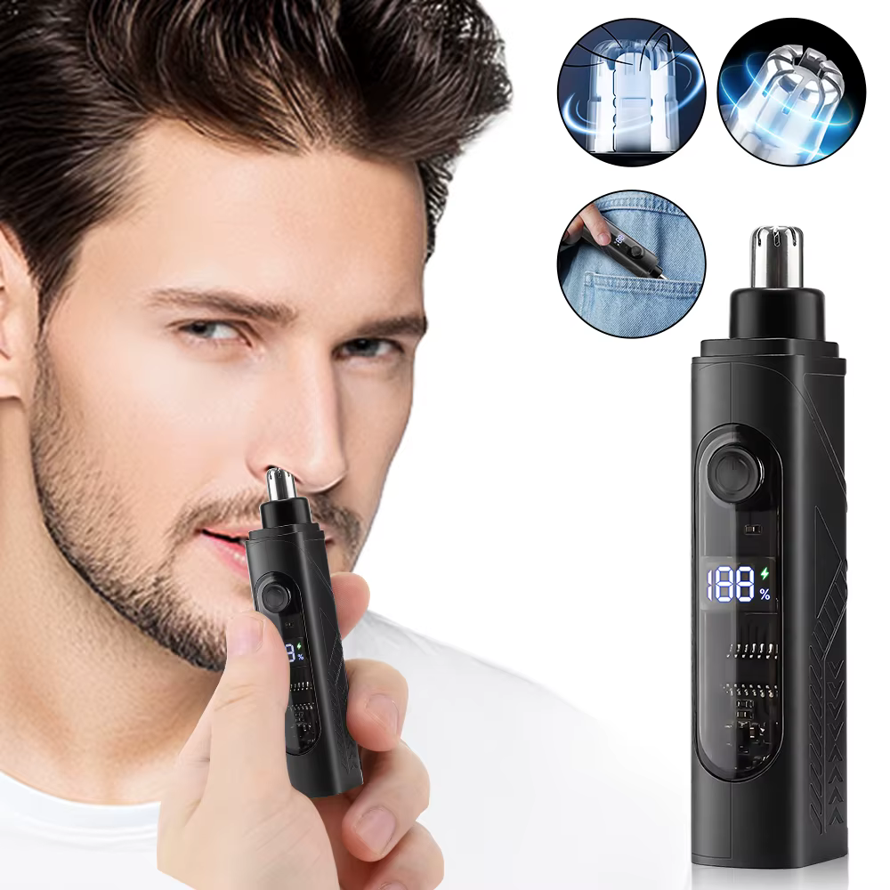 Tondeuse électrique pour le nez et les hommes et femmes, affichage numérique 360 ° Machine rotative nez oreille cheveux enlever rasoir lame détachable