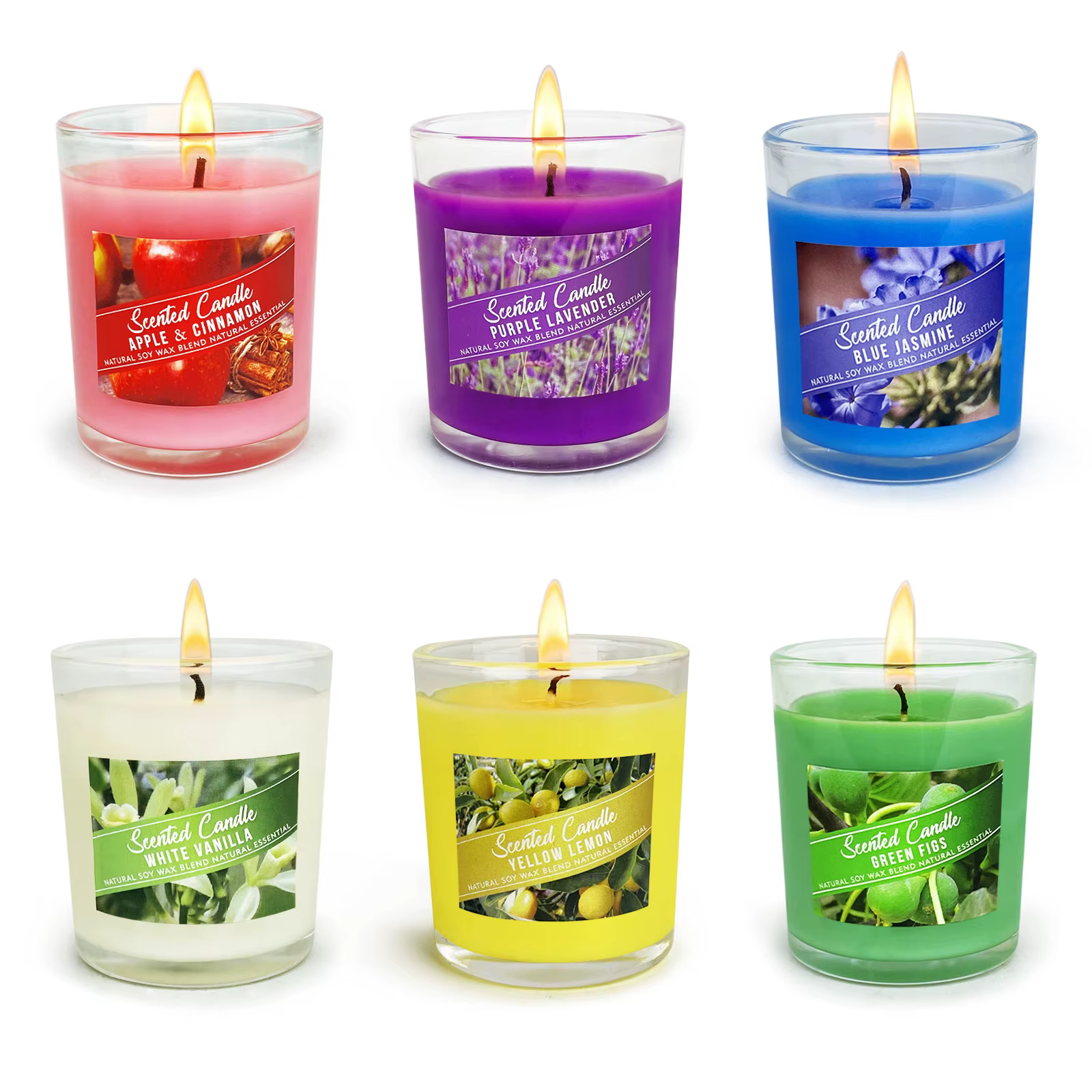 Ensemble de 3 bougies parfumées dans des verres givrés colorés, petites bougies en cire de soja naturelle aux senteurs de lavande, gardénia et sapin & menthe