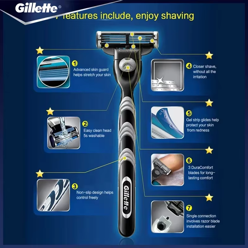 Véritable Gillette Mach 3 rasoir manuel pour hommes lames à 3 couches