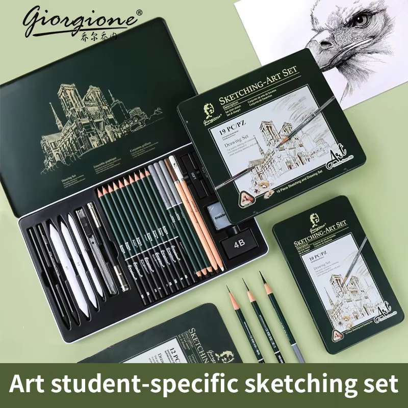 GOIRGIONE Pro Sketch Set 10/12/19/27 crayons graphite et charbon de bois boîte de fer vert Portable dessin croquis pour artistes étudiants
