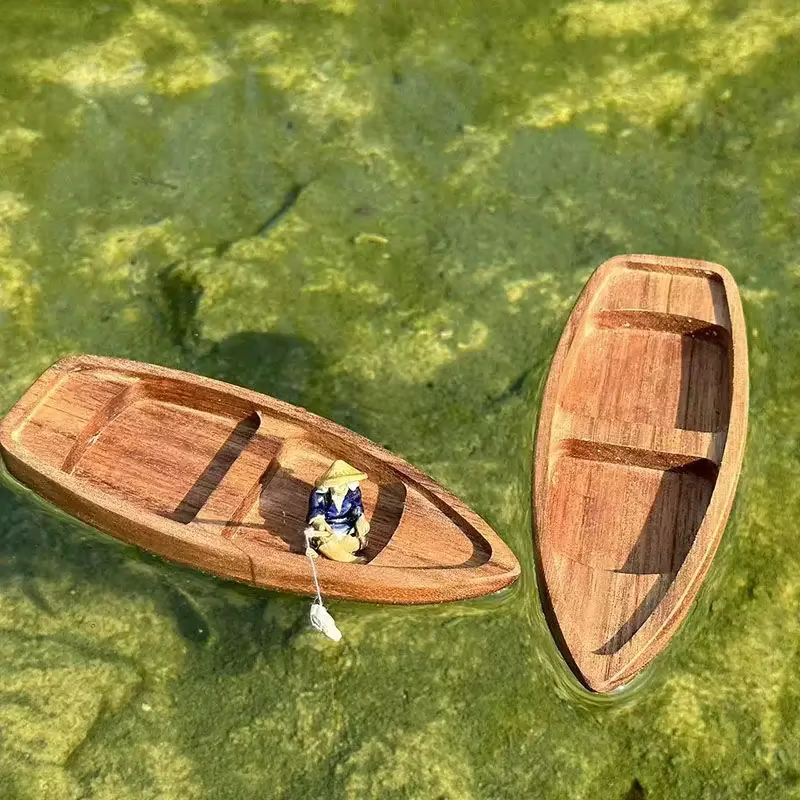 Bateau flottant en bois fait à la main, Mini modèle de bateau de pêche pour chat, Aquarium, étang, aménagement paysager, décoration, accessoires d'aquarium