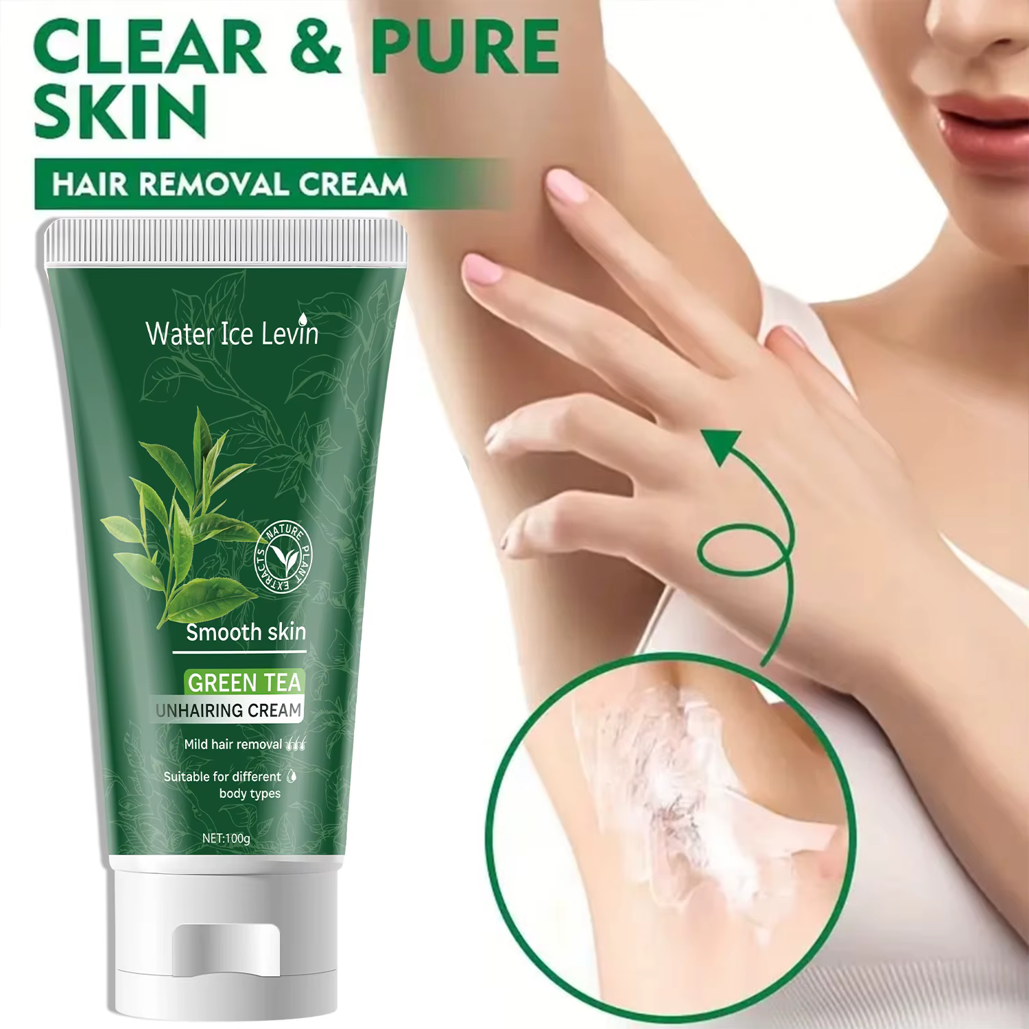 Crème Épilatoire Douceur au Thé Vert - Effet Peau Satinée - Formule Non Irritante - Pour une Sensation de Fraîcheur
