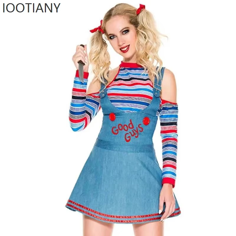 Costume de cosplay de poupée tueuse d'horreur, tenue de film d'horreur, ensemble de déguisement fantaisie de clown de cirque pour Halloween, carnaval et fête 2026