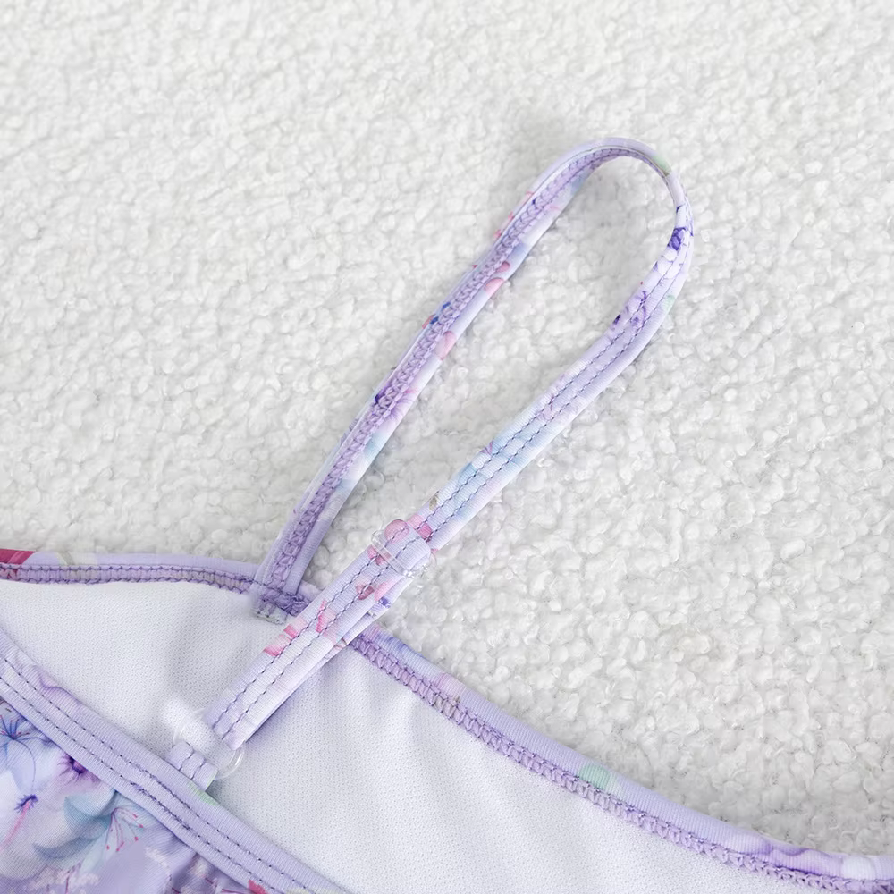 Maillot de bain une pièce pour adolescentes de 5 à 14 ans, imprimé Floral, à volants, manches volantes, vêtements de plage violets pour filles, été