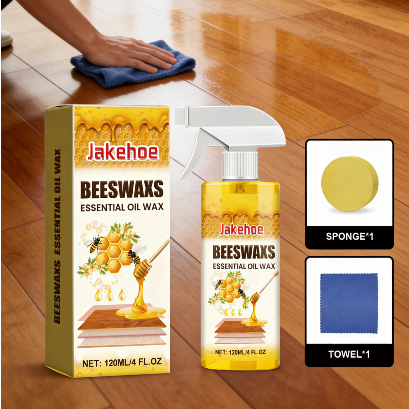 Jakehoe Cire d'abeille et Huile Essentielle pour Portes de Placards, Sols, Élimination des Taches, Nourrissant en Profondeur, Spray Polissant pour Bois avec Éponge et Serviette