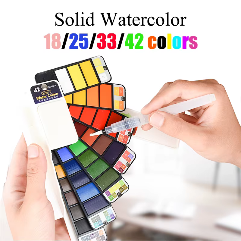 Ensemble d'aquarelle solide 18/25/33/42 couleurs, brosse à eau pour peinture, Pigment pour dessin, fournitures d'art