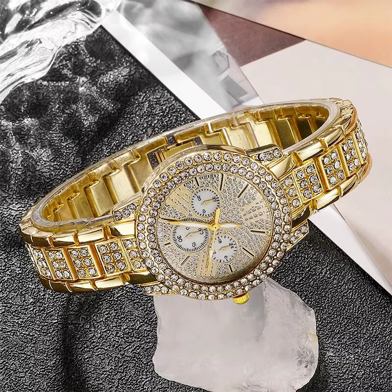Montre à Quartz Dorée de Luxe pour Femme, Ensemble de Bijoux, Bague, Collier, Boucles d'Oreilles, Strass, Mode Décontractée