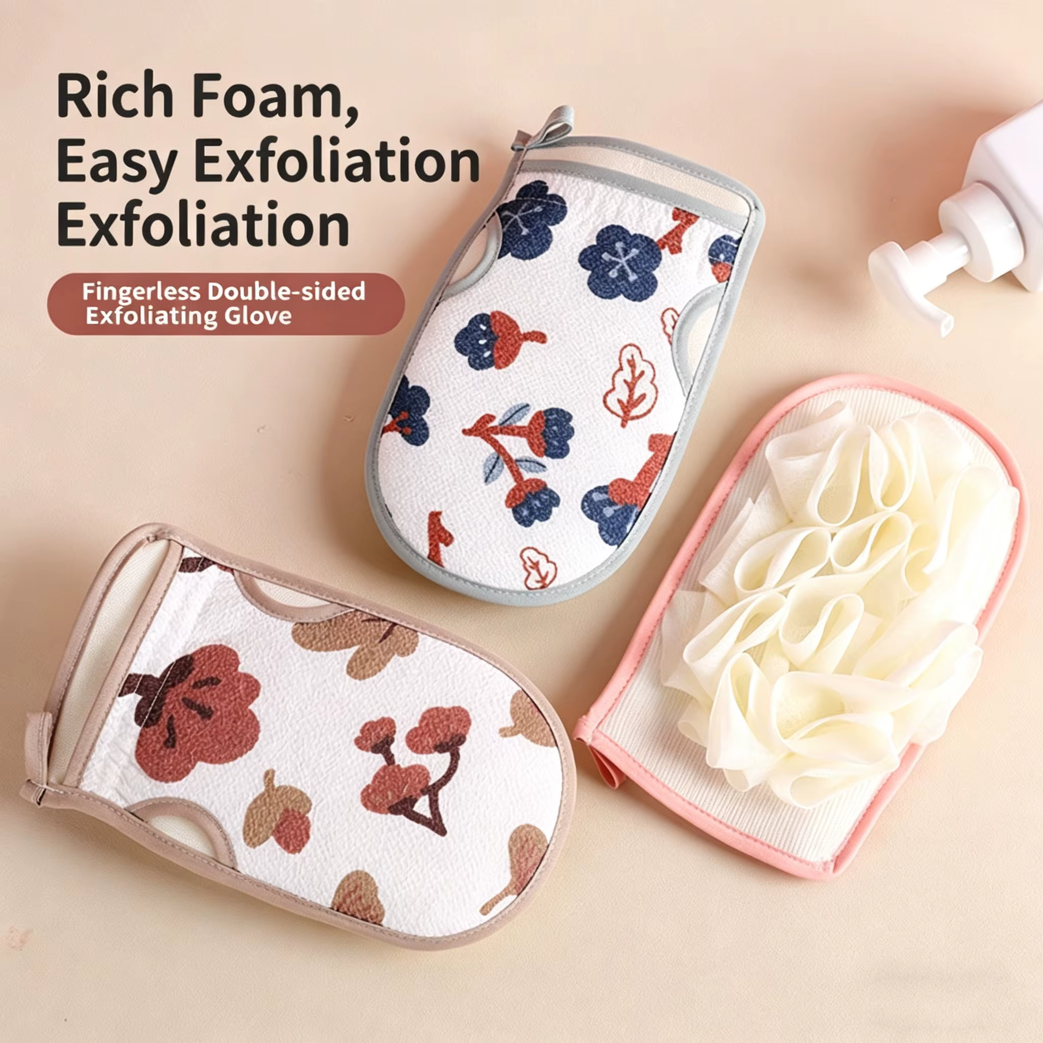 Gant de bain exfoliant double face 2-en-1 et éponge de douche, gant de lavage exfoliant doux et non irritant pour la peau, doublure épaisse antidérapante