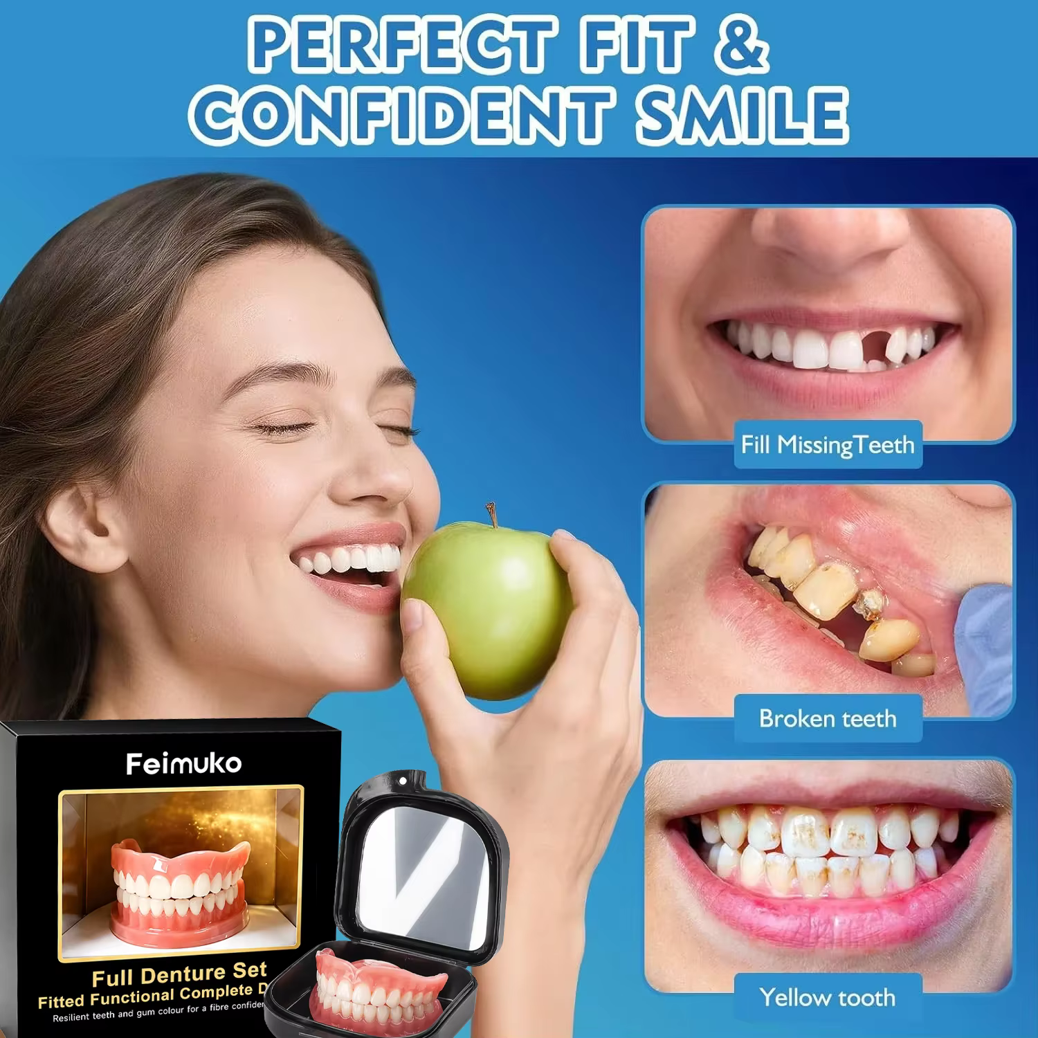 Ensemble complet de prothèses dentaires, sourire confortable et naturel, confiance instantanée, soins dentaires cosmétiques.