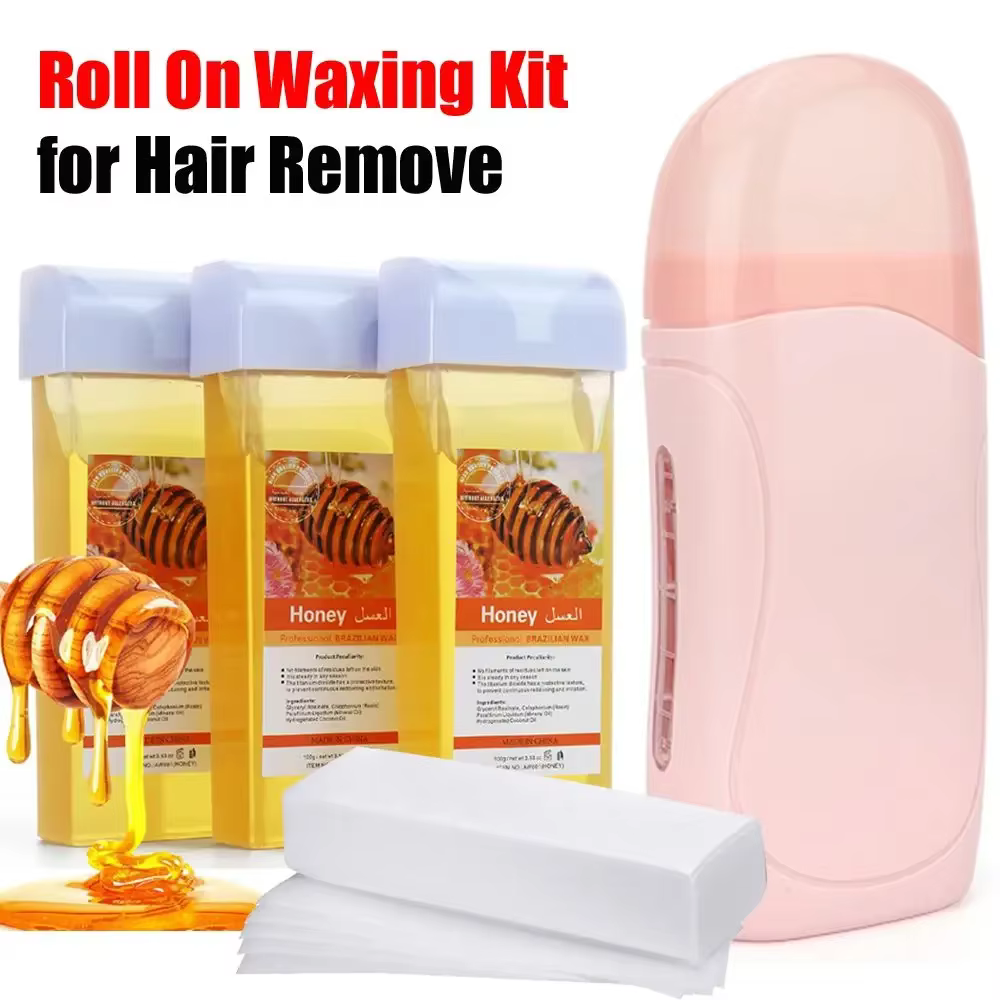 【Nouveau! Chaud 】 Kit de cire à rouleau avec chauffage-cartouches d'épilation unisexe ensemble chauffant de crème dépilatoire chaude pour le corps et le visage