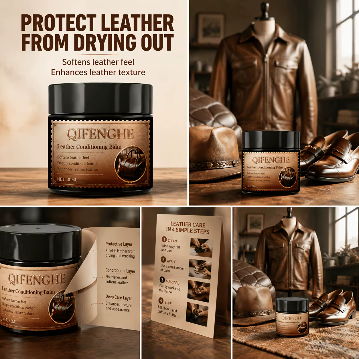 Baume conditionneur pour cuir naturel 1oz, adapté au soin du cuir, au restauration et à la protection - Formule non grasse pour chaussures, voitures, meubles