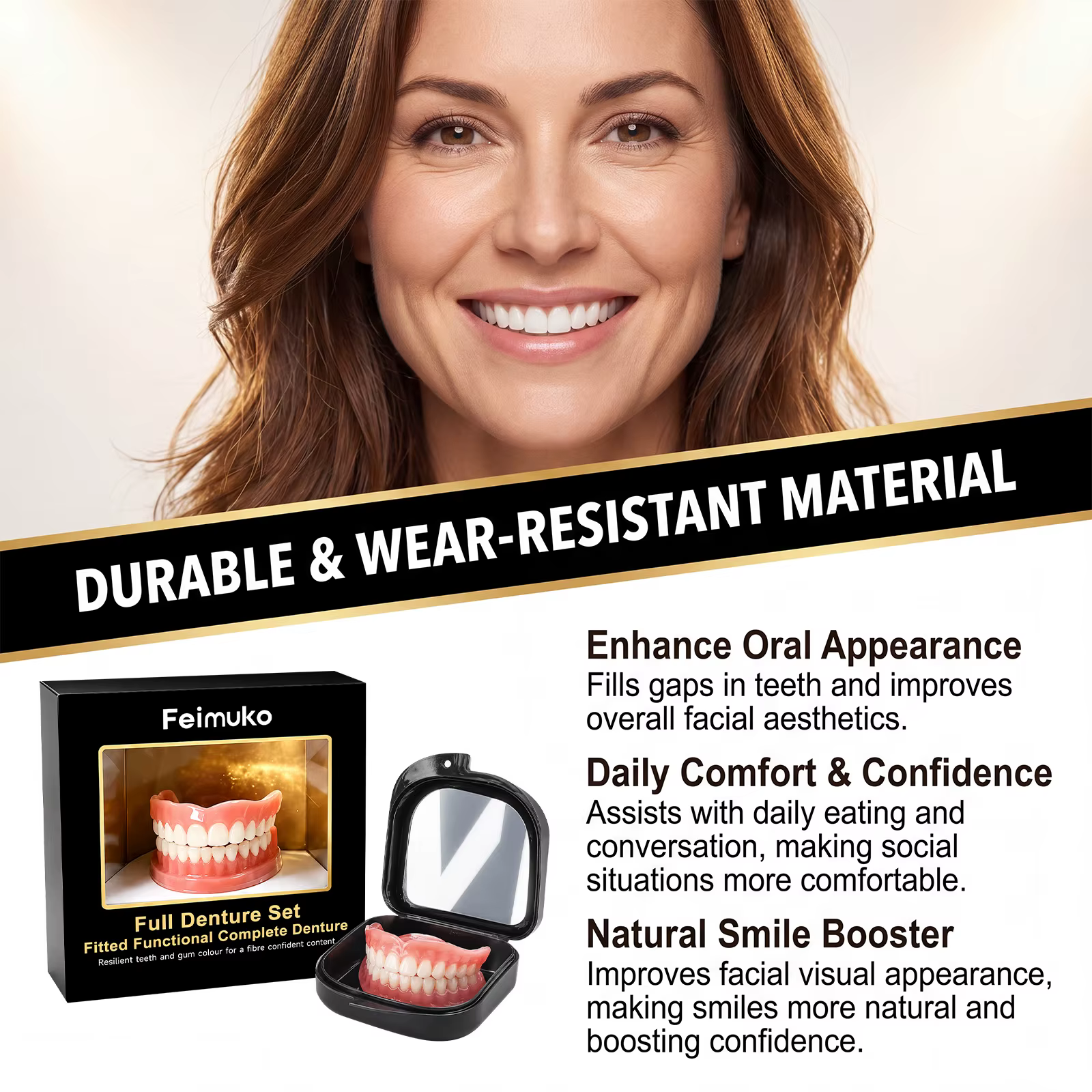 Ensemble complet de prothèses dentaires, sourire confortable et naturel, confiance instantanée, soins dentaires cosmétiques.