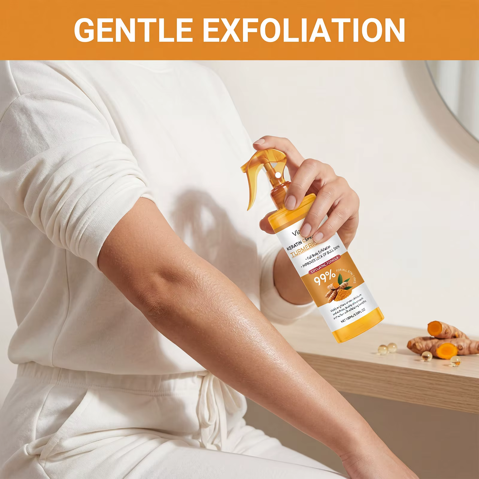 Spray Corporel Exfoliant au Curcuma – Nettoyage Doux, Lissant, Nourrissant, Hydratant, Brume Adoucissante, Éliminateur de Peaux Mortes, Soin Quotidien pour Tous Types de Peau