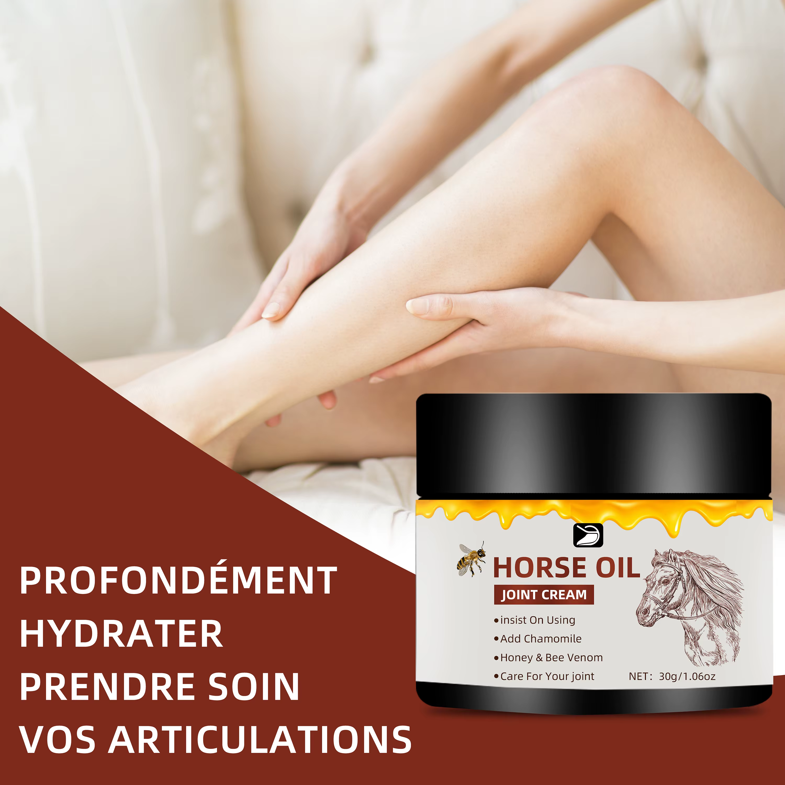 Crème aux Huiles de Cheval pour Articulations - Hydratante à Absorption Rapide, Non Grasse. Pour Coudes, Genoux et Corps. Sans Parfum, Tous Types de Peau. 30g/50g