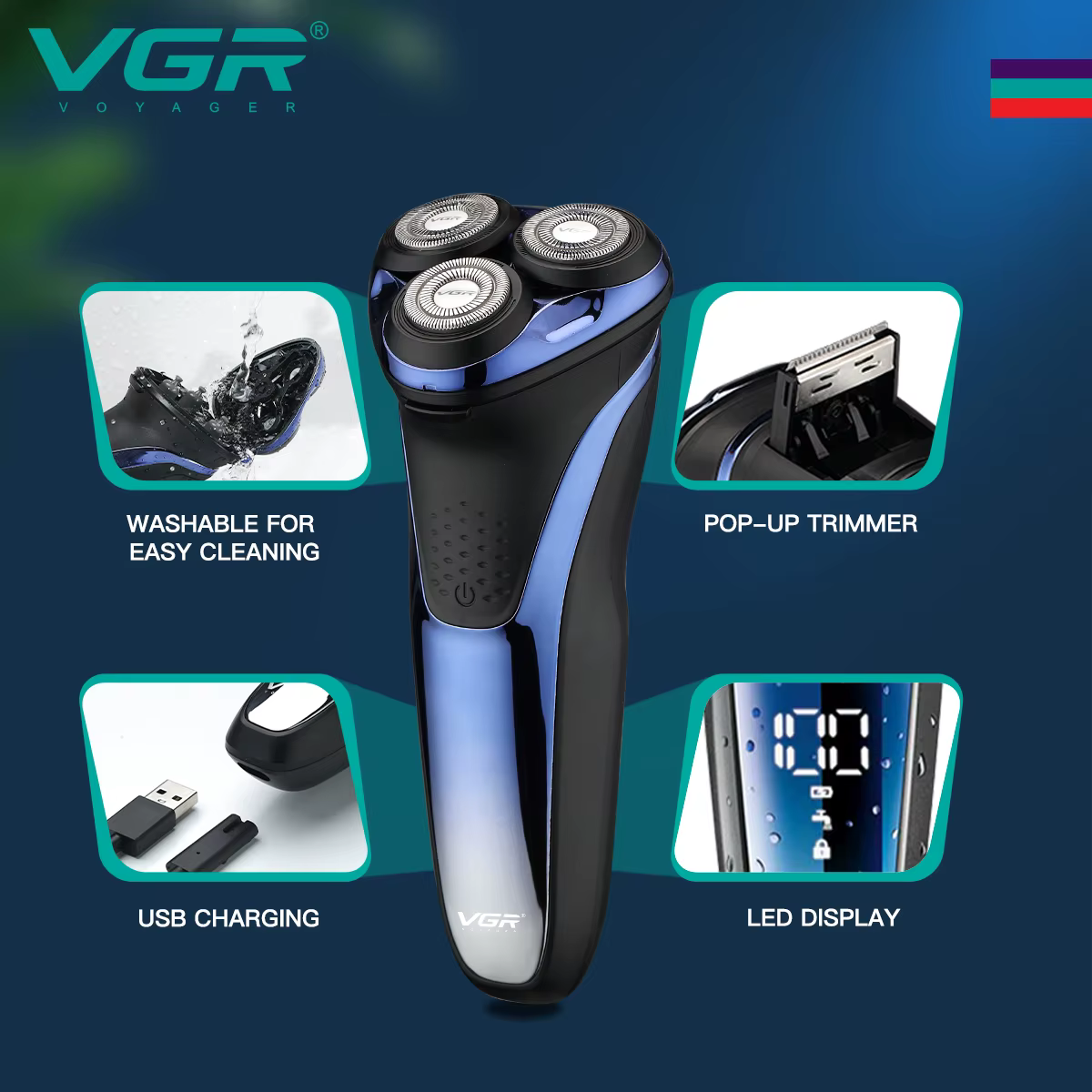 VGR tondeuse tondeuse à barbe pour hommes rasoir electrique homme rasoir homme Rasoir Rasoir électrique Professionnel Machine à raser Flottant Tondeuse à barbe IPX7 Étanche Rechargeable Rasoir pour ho