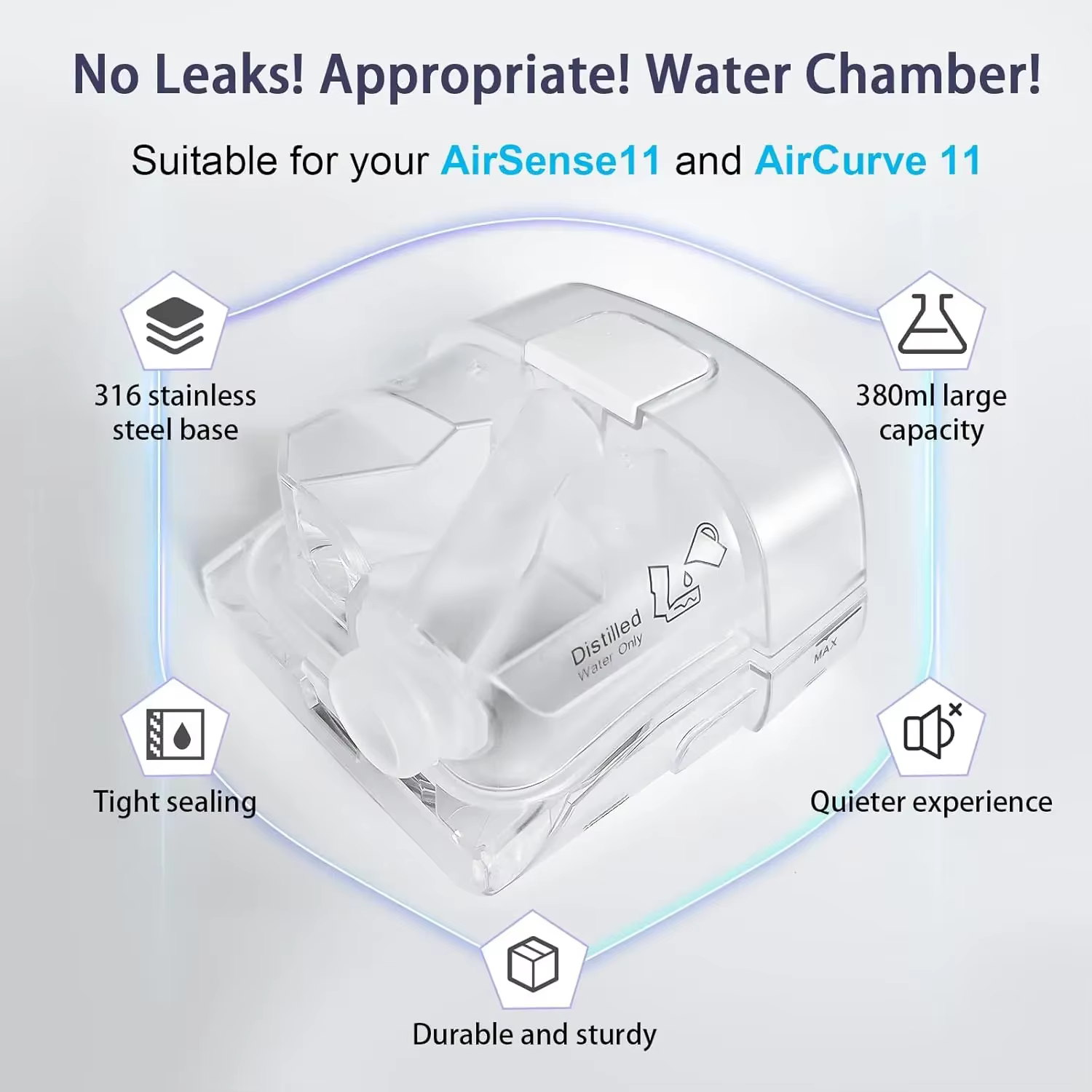 Adaptateur de chambre à eau pour ventilateurs ResMed AirSense 11 et AirCurve 11, un dispositif d'assistance respiratoire.