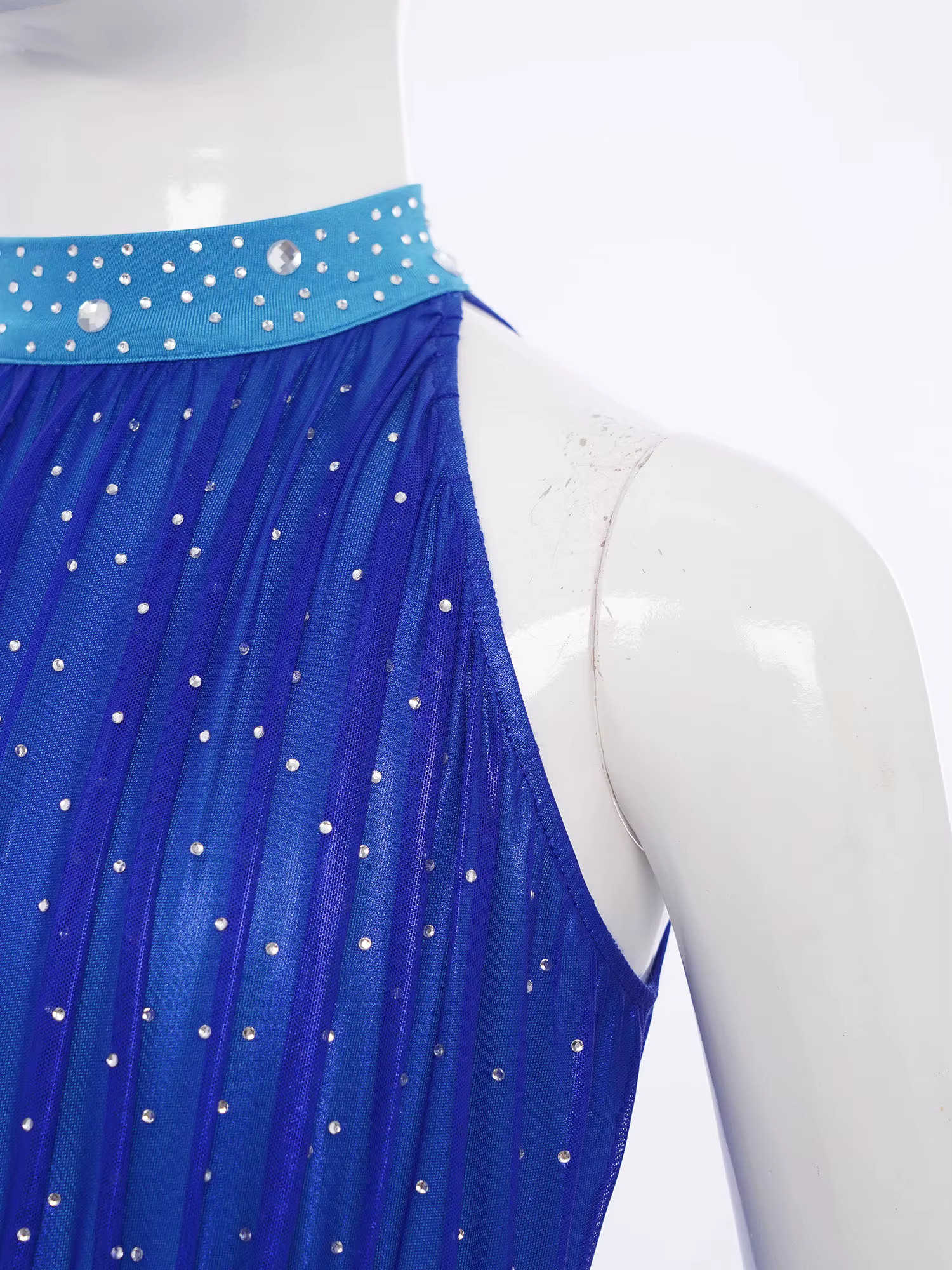 Robe de gymnastique pour adolescentes, patinage artistique, danse lyrique, sans manches, strass brillants, maille transparente, ourlet en mousseline de soie, robes justaucorps