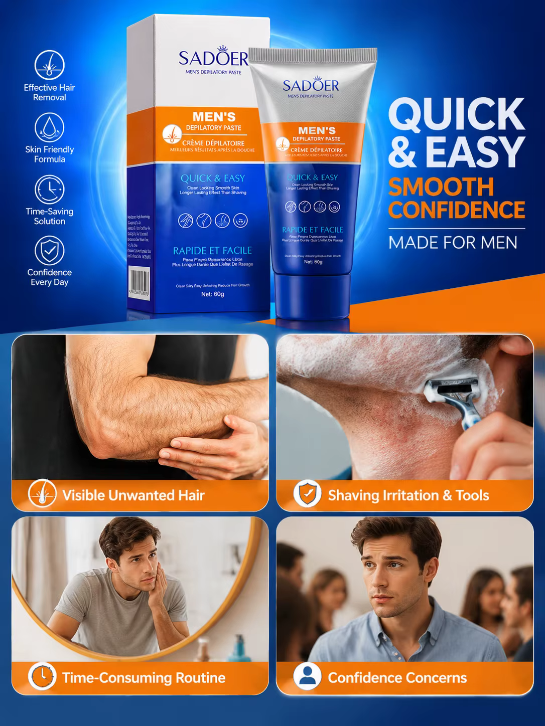 Crème dépilatoire pour hommes, crème épilatoire pour le corps, douce et hydratante, soin de la peau pour une peau lisse, application facile pour les soins quotidiens des hommes.