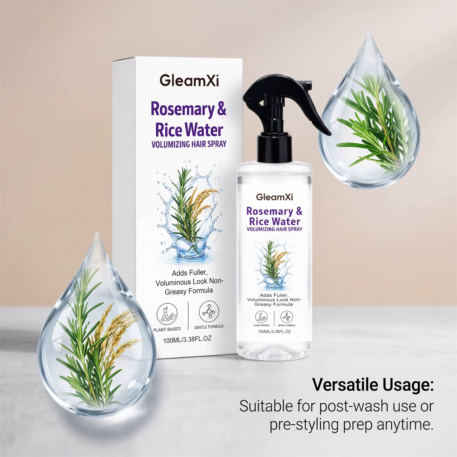 Spray Volumisant pour Cheveux à l'Eau de Riz et Extrait de Romarin – Brume Volumisante à Base de Plantes Non Grasse pour Cheveux Fins et Légers