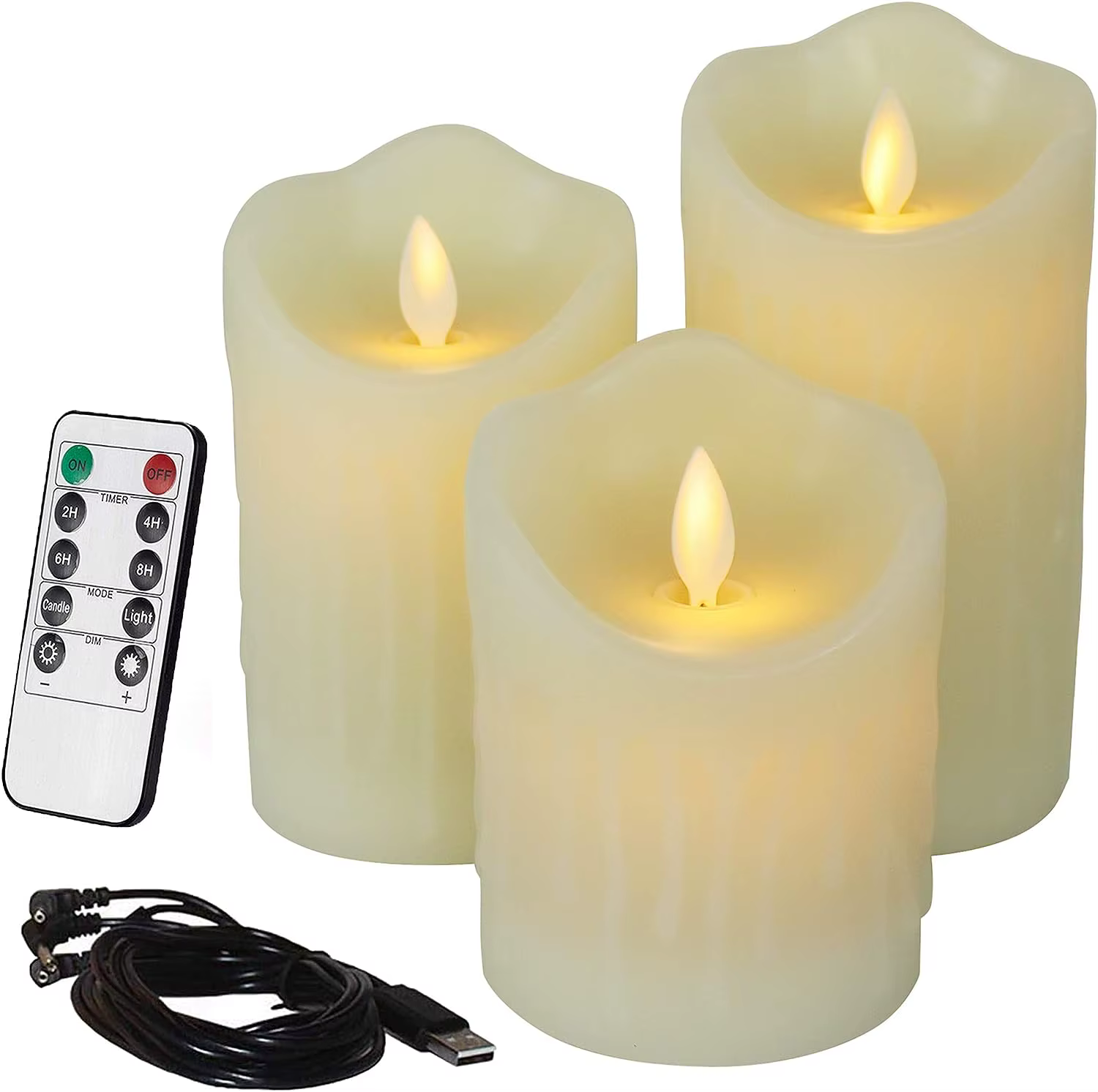 Lot de 3 bougies piliers en cire de paraffine scintillantes rechargeables par USB, télécommandées avec minuterie, mèche mobile et dansante, décoration d'intérieur