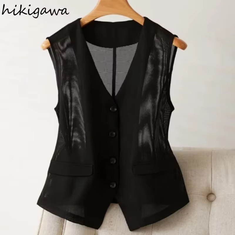 2025 femmes vêtements été mince gilet col en v sans manches gaze réservoirs culture hauts voir à travers la mode gilet Chalecos Para Mujer
