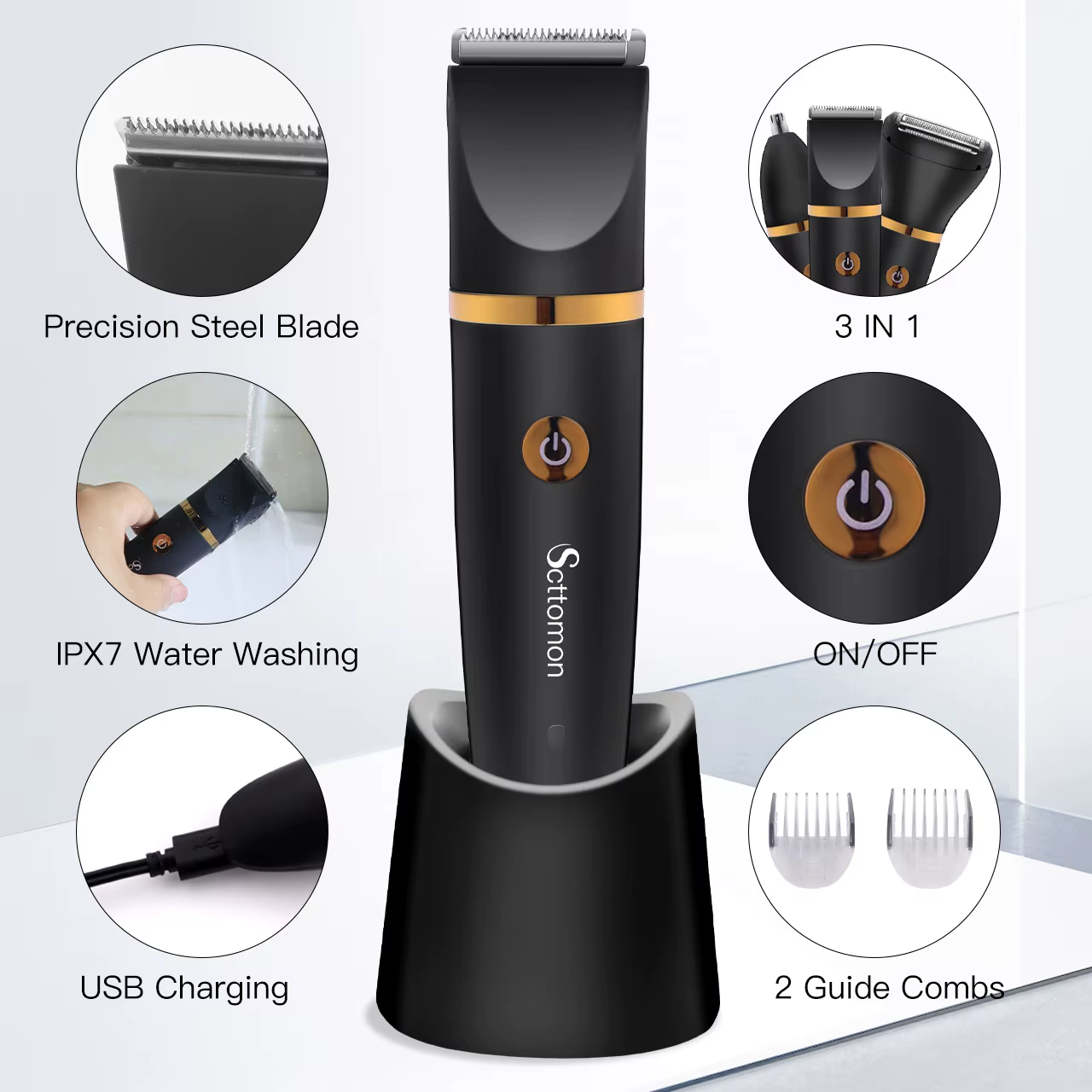 SCTTOMON Épilateur Électrique pour Hommes 3-en-1 Multifonctionnel pour Usage Domestique