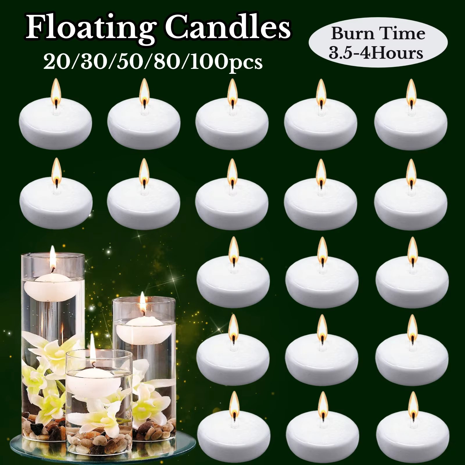 Lot de 20 à 100 bougies flottantes non parfumées, diamètre 1,7 pouce, décorations de centre de table pour mariage, durée de combustion de 4 heures, lumières de piscine