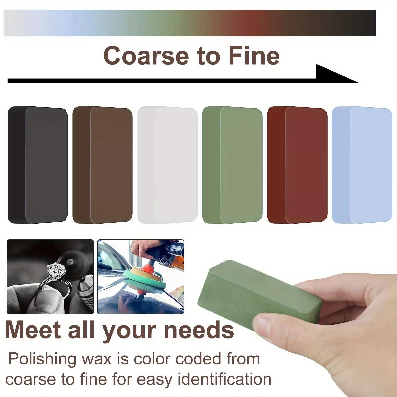 Kit de 6 pâtes à polir métalliques pour bijoux, argent, or, laiton – Grains grossiers à fins pour une finition ultra-brillante