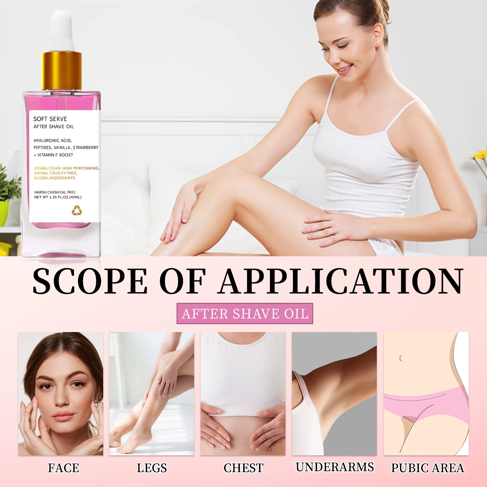 Huile après-rasage fraise vanille pour femme, huile de soin après-rasage pour une peau lisse et hydratée