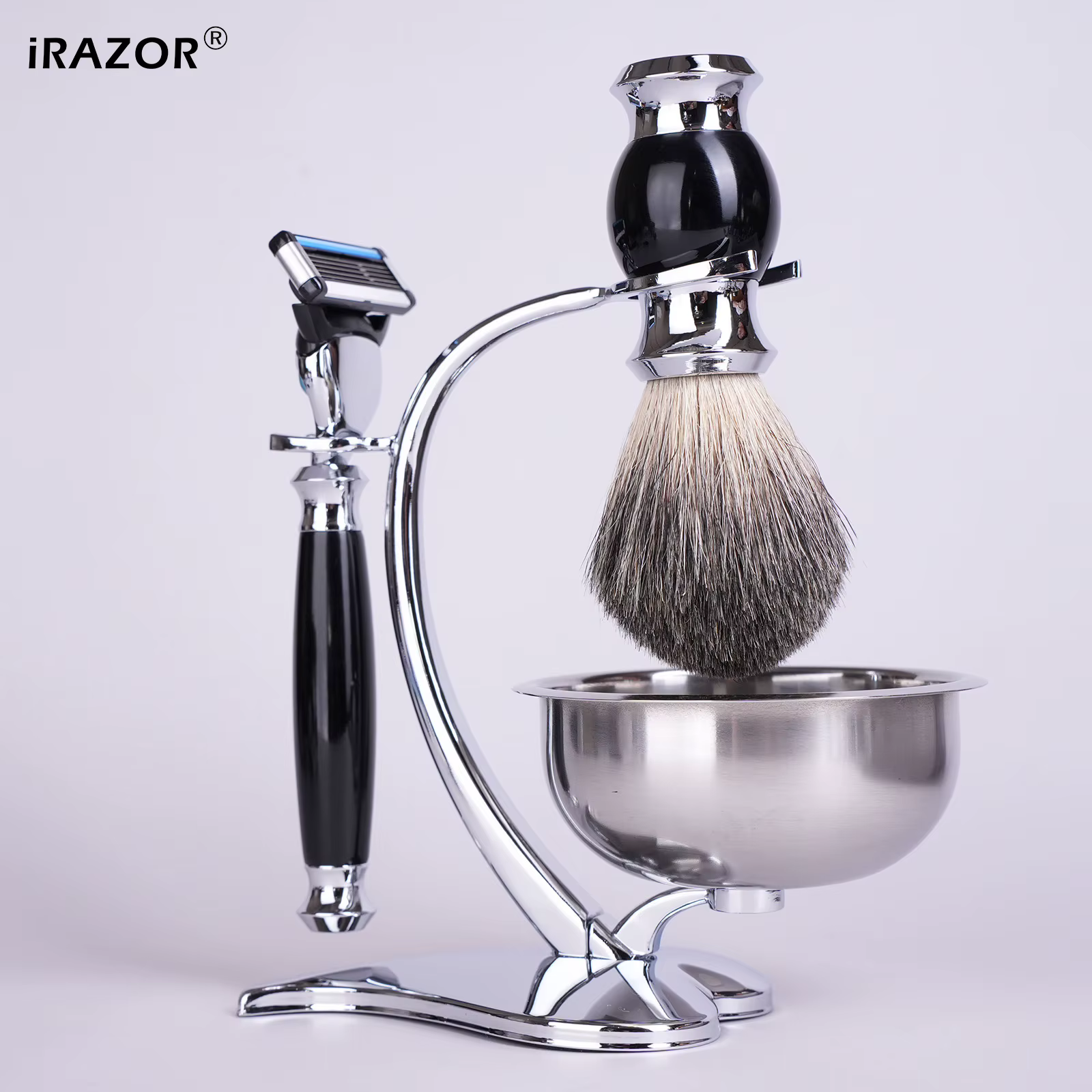 IRAZOR Kit de rasage humide pour homme avec rasoir manuel Brosse à cheveux de blaireau Bol à savon et support - Cadeau