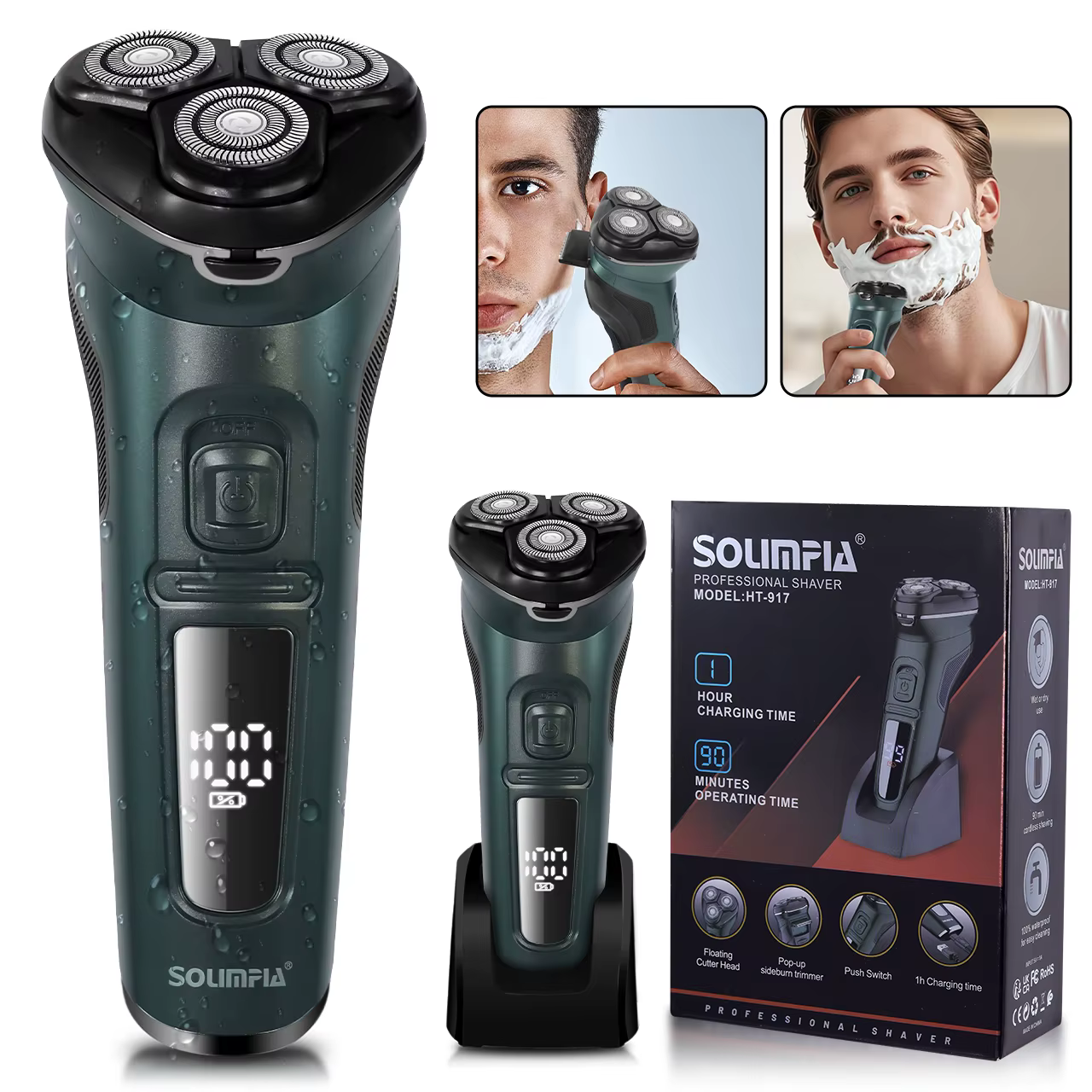 Solimpia LCD Dislay rasoir électrique étanche pour hommes humide sec cou barbe