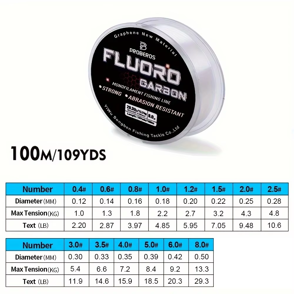 PROBEROS 100M ligne de pêche à revêtement fluorocarbone 2.2LB-29.3LB ligne de Leader Monofilament en Fiber de carbone ligne de pêche à la carpe