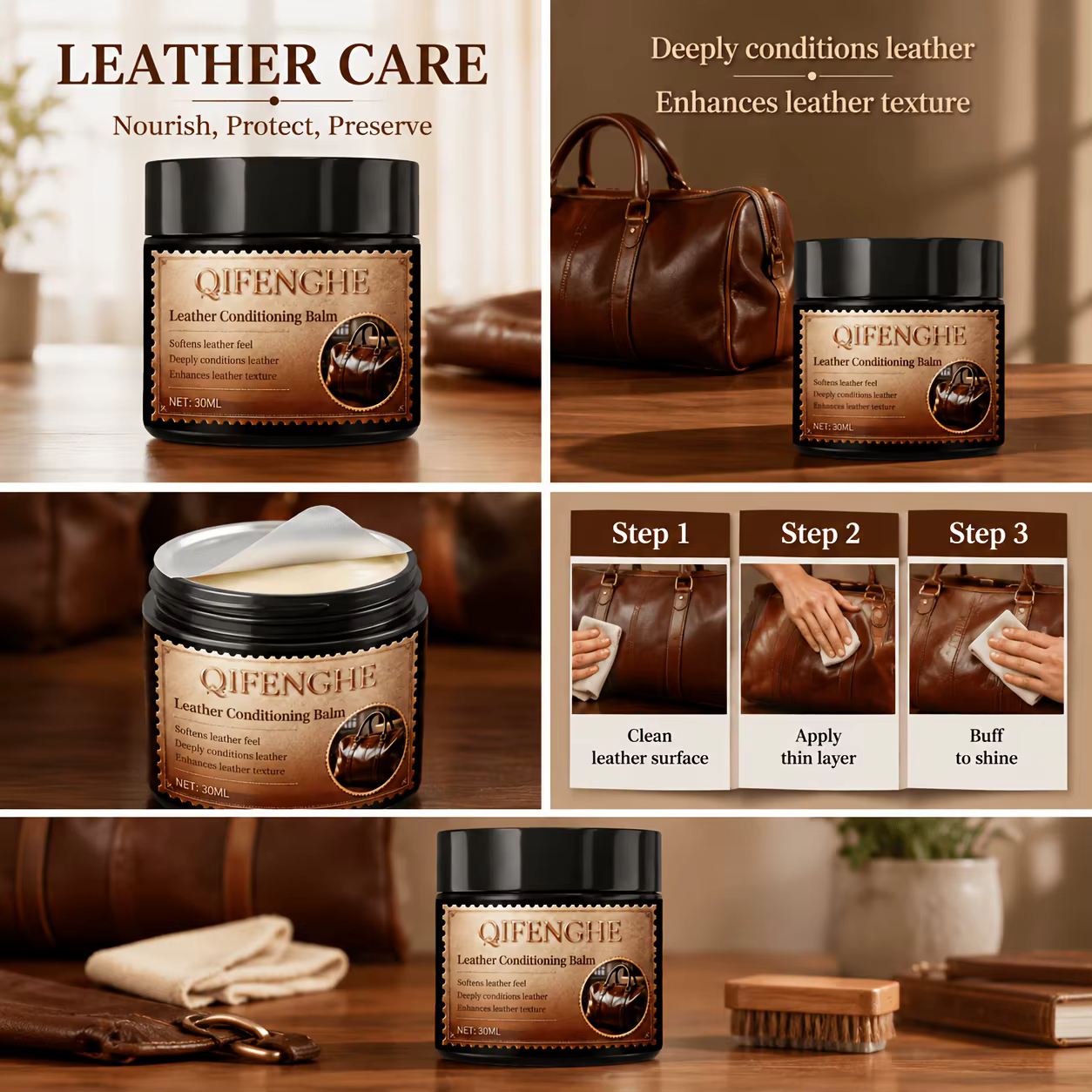 Baume conditionneur pour cuir naturel 1oz, adapté au soin du cuir, au restauration et à la protection - Formule non grasse pour chaussures, voitures, meubles