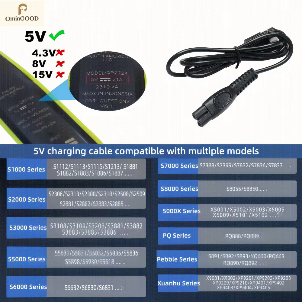 Chargeur pour rasoir Philips Norelco MG9520/50 MG7910/49 MG5910/49 PQ888 PQ889 S1112 S1118 QP2724/90 QP2834/70 S2313 X5000 S5831