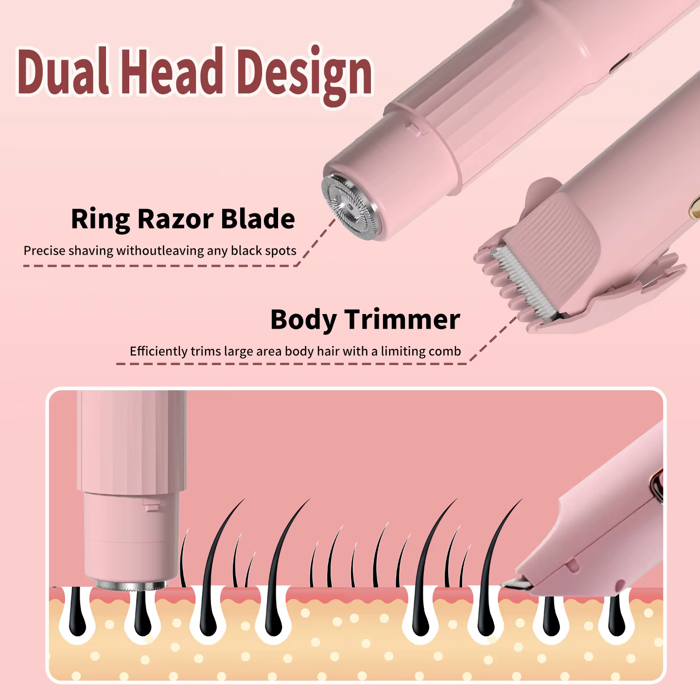 Tondeuse à cheveux électrique 2 en 1 OMUONE pour femmes, rasoir double tête, rasoir pour le corps, le visage et le bikini, rechargeable par USB, sans fil, portable