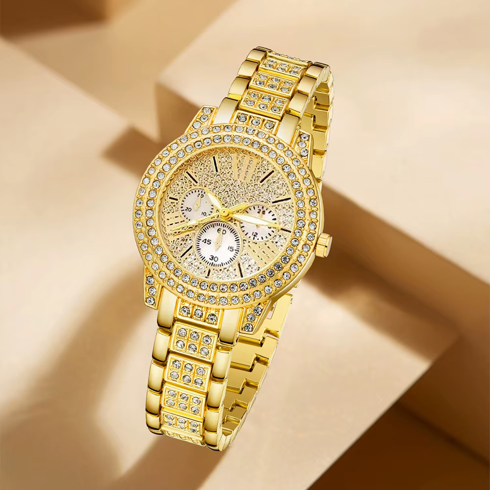 Montre à Quartz pour femmes or luxe femmes bague collier boucle d'oreille strass mode montre-bracelet décontracté dames montres ensemble de bijoux 
