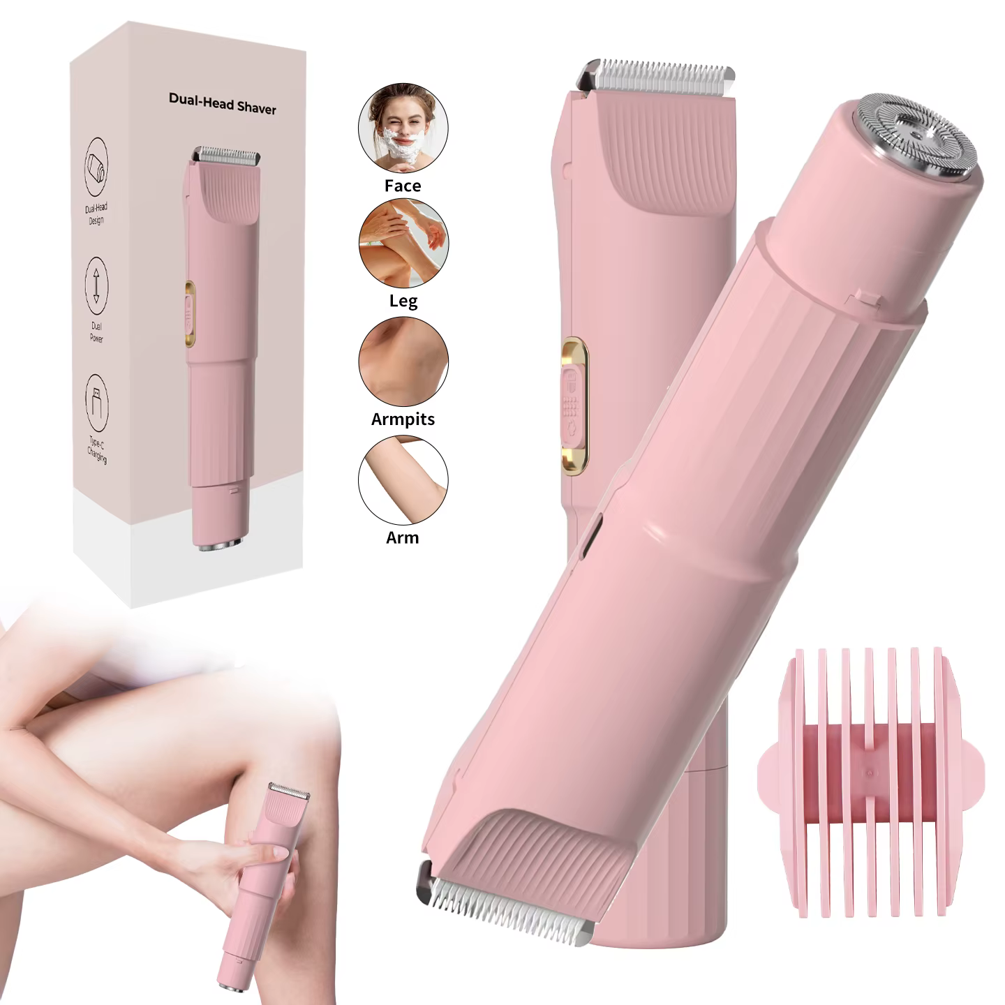 Tondeuse à cheveux électrique 2 en 1 OMUONE pour femmes, rasoir double tête, rasoir pour le corps, le visage et le bikini, rechargeable par USB, sans fil, portable