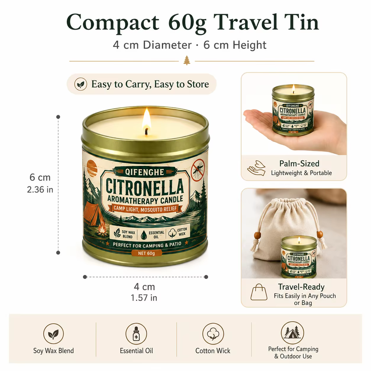 Bougie portable à la citronnelle en cire de soja, aromathérapie, sans fumée, anti-moustiques pour pique-nique en extérieur, patio, décoration intérieure