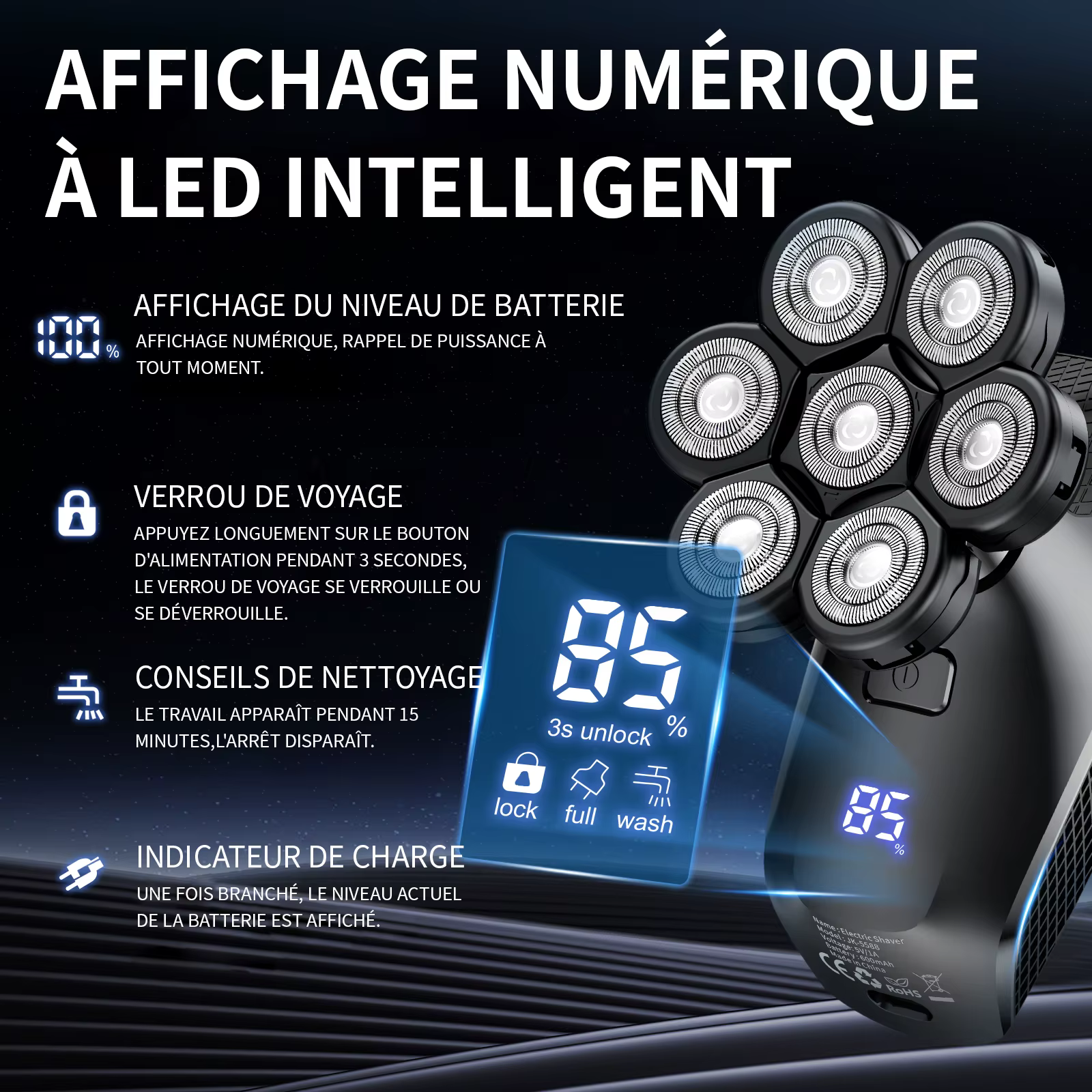 Kensen S8 rasoirs électriques pour hommes 7D coupe flottante Rechargeable IPX6 étanche tondeuse à barbe tête chauve Machine à raser