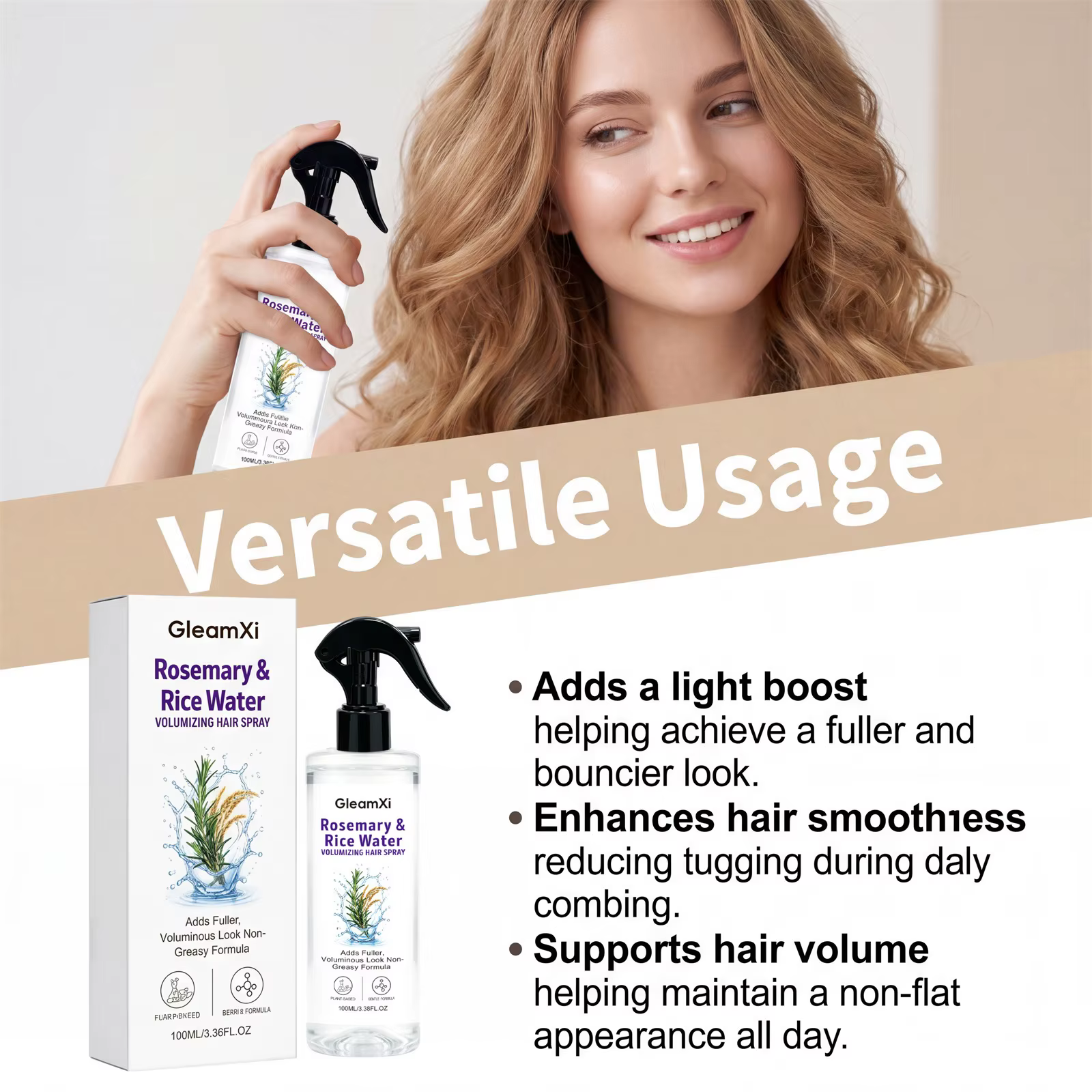 Spray Volumisant pour Cheveux à l'Eau de Riz et Extrait de Romarin – Brume Volumisante à Base de Plantes Non Grasse pour Cheveux Fins et Légers