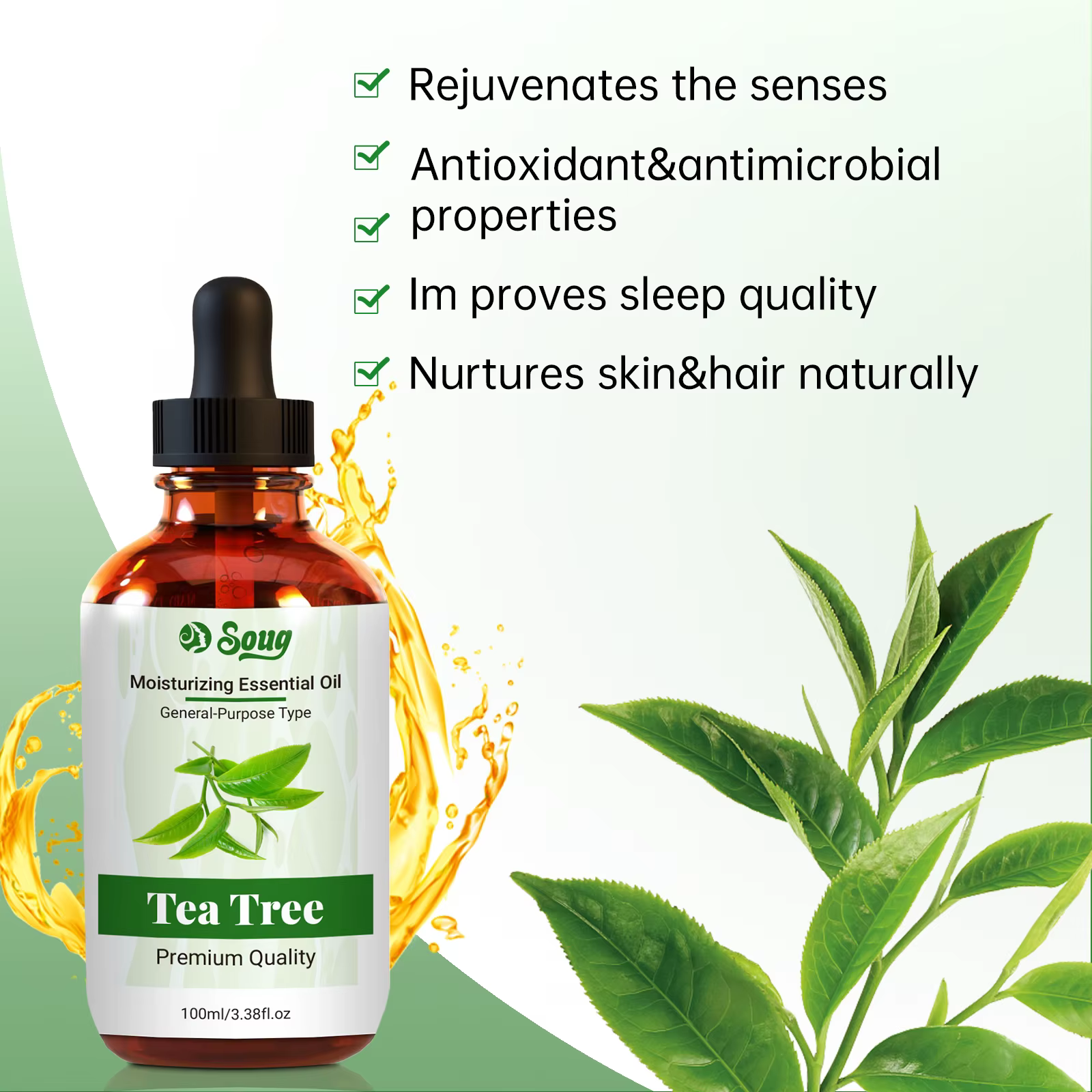 Huile d'arbre à thé hydratante naturelle, 100ML, soins pour le visage et le corps, réparation de la peau, aromathérapie, huile essentielle de Massage Pure