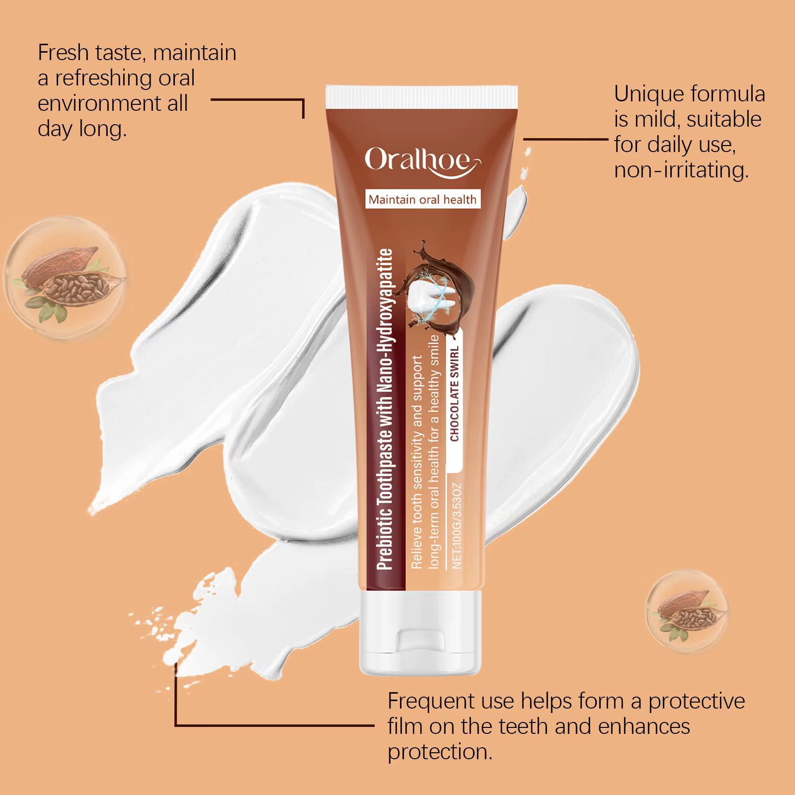 Dentifrice au chocolat - Nettoyage doux de la plaque dentaire et des taches, rafraîchit l'haleine et prend soin des dents